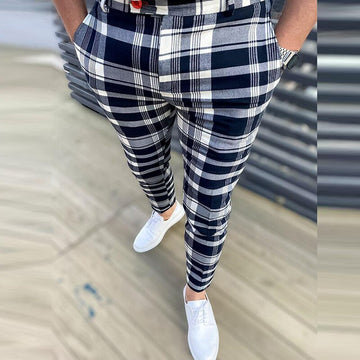 Casual Business Men's Mid Waist Zipper Long Trousers Classic Plaid Print Pencil Pants Men 2021 Autumn Spring Fashion Streetwear aidase-shop